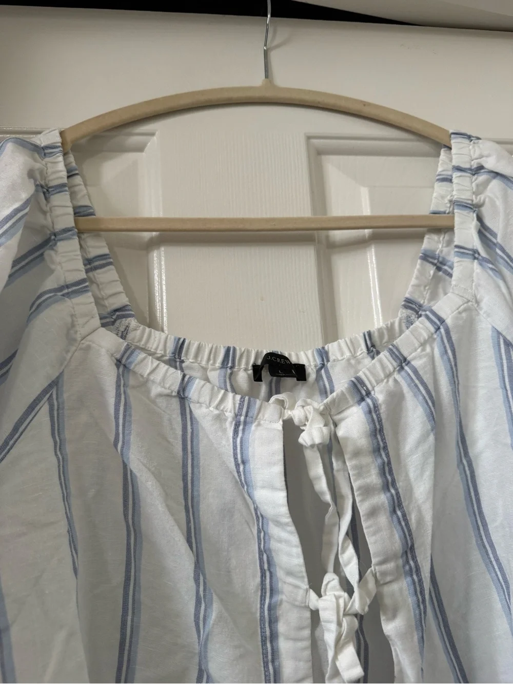 J. Crew White Blouse with Light Blue Stripes - Tie-Front Peasant Top - size L